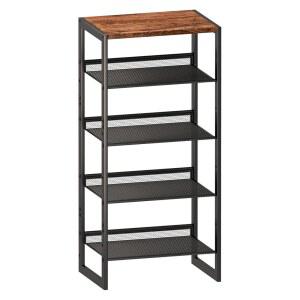 5 Tier Metal Shoe Rack Sturdy Steel Frame with Rust-Proof Coating MDF Top Adjustable Flat Inclined Mesh Shelves Anti-Tip Scratch-Resistant Feet Sleek Show for Entryway Hallway Garage
