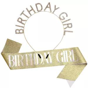 여성 AOPRIE 생일 왕관 Sash Gold 화이트 축하해 티아라 머리띠 프린세스 크라운 라인스톤 액세서리