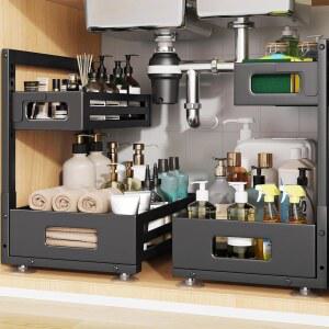 Biboraya 2 Pack Under Sink Organizer Pull Out Cabinet with Smooth Cylindrical Rail Metal Slide Drawer for Kitchen Bathroom Laundry 8-Level Tool Free Height Adjustable-Black