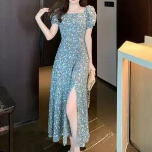 셀럽하우스 플라워 퍼프 소매 절개 슬림 롱원피스 반팔 원피스