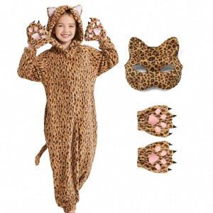 Ezuwail Cheetah Costume Snow Leopard Gloves Mask Onesie Bodysuit Halloween Cosplay for Girls Boys