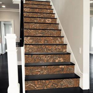 REDAMANCY Vintage Brown Retro Geometrical Floral Boho Baroque Peel and Stick Vinyl Stair Riser Decals Staircase Tile Stickers Decor Modern Marble Decoration Self-Adhesive(14 Pcs)