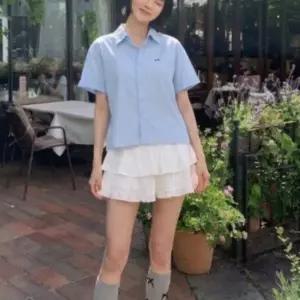 리본자수 반팔 베이직 셔츠 오픈카라 블라우스 캐주얼