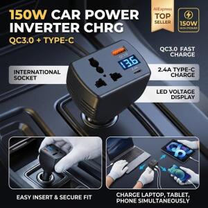 2025 인버터 150W DC 12V - AC 220V 자동 전원 차량용 전압 변환기 어댑터 USB 충전기 포함