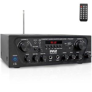 Pyle 2-Channel Bluetooth Home Stereo Amplifier - 250W Wireless Audio Receiver Karaoke Optimized: Dual Mic In with Echo Talk-Over FM Radio USB-A MP3 Player RCA AUX Remote Ctrl PTA24BT
