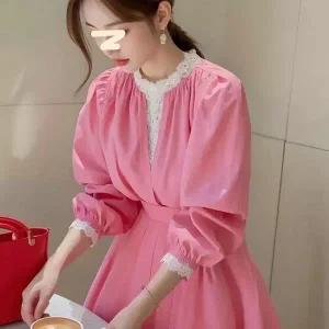미중 여성 긴팔 셔츠 봄 가을 레이스 부드럽고 감미로운 청순한 허리조임 라운드넥 긴팔