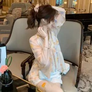 미중 여성 긴팔티 루즈핏 데일리 플라워 브이넥 기품 쉬폰 여름 블라우스yy