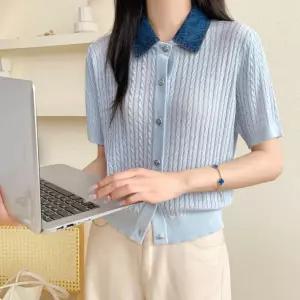 여성니트 여름 데님 칼라 박시 니트 카디건 꽈배기 패치 반팔 상의 심쿵빛