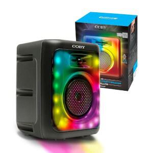 11가지 LED 조명 모드 트루 와이어리스 페어링 FM 라디오 노래방 마이크 및 보조 입력 USB SD TF 카드 슬롯 타입-C 충전 7시간 플레이타임 파티 스피커 블랙 제공