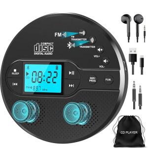 블루투스 기능이 있는 수누니 휴대용 CD 플레이어 FM 송신기 차량용 개인용 미끄럼 방지 충전식 헤드폰 AUX/USB 지원 LCD 디스플레이(블랙) MQV