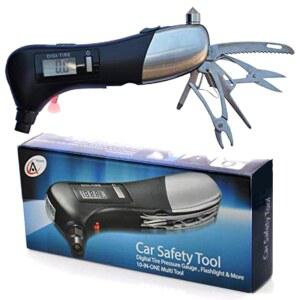 Digital Tire Pressure Gauge 10-in-1 Car Gift Multi-Tool in Box - LED Flashlight Red Light Air Window Breaker Scissors 2 Screwdrivers Pliers and Seatbelt Cutter