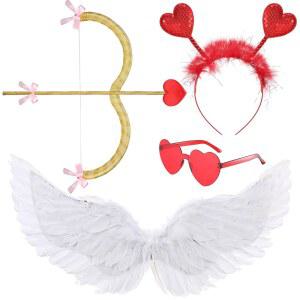 Coume Valentine Cupid Costume Accessories Set for Kid Angel Outfits Bow Arrow Heart Headwear Sunglasses Feather Wings(S 흰색 화이트 Gold)