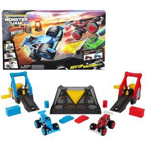 Monster Jam Motors Rev Up Raceway Playset with 2 Exclusive Trucks Megalodon & Power Rush Toys for Ages 3+