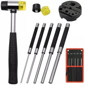 5pcs 8인치 핀 펀치 세트 보관 파우치 벤치 블록 및 해머 포함 수리 도구 제거 정밀 시계 보석 공예용