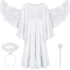 Cutecrop 4 Pcs Angel Costume Set Include Feather Wings Headband 흰색 화이트 Dress Wand for Halloween Cosplay