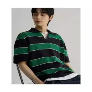 에잇세컨즈 8SECONDS 보더스트라이프 칼라넥 반소매 니트 - 그린
