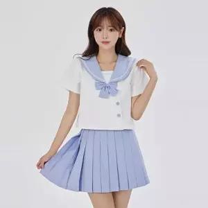 [교복몰]고품질 TBZ 베이비블루 화이트 두줄라인 세라복 세트 (반팔) 교복 세라복코스프레 일본교복 WFNKM