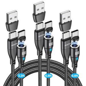 USB C 대 자기 충전 케이블 [3팩 3.3피트 / 6.6피트 6.6피트] 60W 3A 고속 타입 충전기 코드 삼성호환 삼성제품호환 삼성호환 삼성호환+ 울트라 5G S20 S20 픽셀 스위치 호환