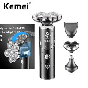 Kemei 접이식 6 날 면도기 분리형 헤드 전기 회전 IPX7 방수 대머리 습식 건식 충전식 그루밍 키트