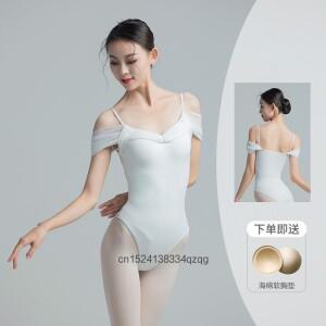 여성 스파게티 스트랩 메쉬 슬리브 발레 댄서 바디수트 백리스 댄스 체조 레오타드 컨템포러리 댄스웨어