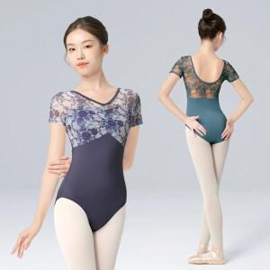 여성 발레 레오타드 꽃 가짜 투피스 댄스 브이넥 메쉬 스플 라이스 반소매 체조 수영복