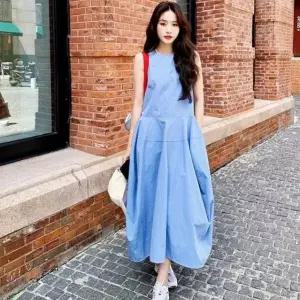 여자 데이트룩 청량한 스카이블루 에이라인 롱 민소매 원피스