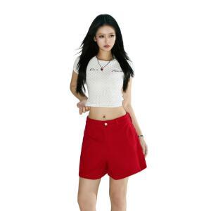 굿픽 여성 레드데님 반바지 여름 하이웨이스트 일자핏 슬리밍 와이드레그 핫 바지 MF