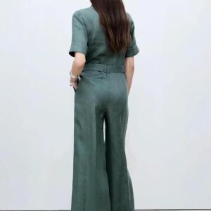 미에스틸로 여성 그린 면마 린넨 점프슈트 일자 캐주얼 바지 하이웨스트 슬림핏 와이드 여름 ADOR