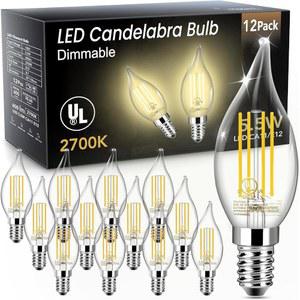 TJOY LED 캔델라브라 전구 디밍 가능 60W 동급 샹들리에 전구 5.5W 2700K 웜 화이트 600LM CA11 플레임 팁 빈티지 필라멘트 캔들 라이트 장식용 E12 베이스 12팩