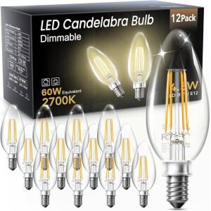 TJOY LED 캔델라브라 전구 디머블 60W 동급 샹들리에 전구 E12 스몰 베이스 4.5W 2700K 소프트 웜 화이트 천장 선풍기 샹들리에용 B11 빈티지 필라멘트 클리어 글래스 캔들 라이트 12팩
