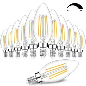 12팩 디밍 가능한 E12 LED 캔델라브라 전구 60W 등가 2700K 소프트 웜 화이트 600루멘 B11 캔들 베이스 6W C35 필라멘트 빈티지 전구 샹들리에 천장 선풍기용 투명 유리 90 CRI+