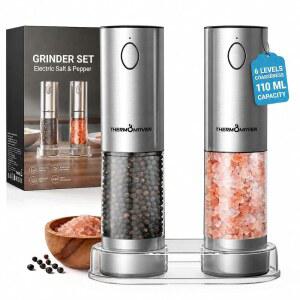 써모메이븐, 대용량 전기 소금 및 후추 그라인더 세트 업그레이드, 110ml 충전식 셰이커(LED 조명 포함), 6가지 거칠기 조절 가능한 스테인리스 스틸 자동