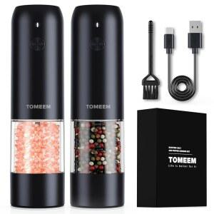 LED 조명이 장착된 TOMEEM 전기 소금 및 후추 그라인더 세트 충전식 자동 밀, 6가지 조절 가능한 거칠기, 먼지 덮개, 조리용 원 버튼 제어, 가정용 선물