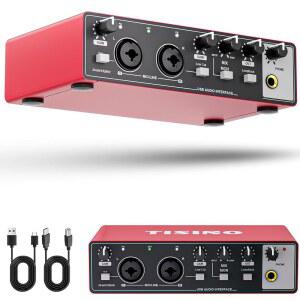 TISINO 오디오 인터페이스 24비트 / 192kHz, 녹음, 작곡, 스트리밍 및 팟캐스트를 위한 USB 인터페이스, 48V 팬텀 파워를 갖춘 플러그 앤 플레이 스튜디오 PC Mac iOS 호환, RED