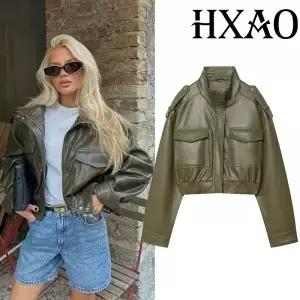 HXAO 여성용 인조 가죽 재킷 데미 시즌 크롭 봄버 스트리트웨어 긴 소매 모터사이클 지퍼업 코트
