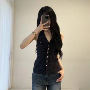 여자 카라 홀터넥 셔링 스트라이프 백리스 버튼 나시