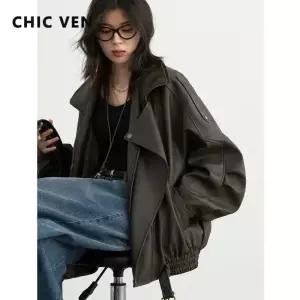 CHIC VEN 여성 PU 자켓 솔리드 루즈핏 뉴 레트로 스탠딩 칼라 오토바이 스타일 인조가죽 코트 상의 봄 가을