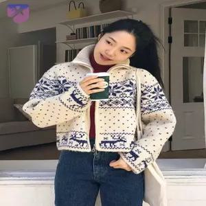 빈티지 가디건 니트 눈꽃 여성 집업 연말