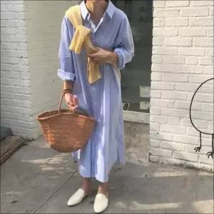 [오르토]원피스 임산부 롱 셔츠 스트라이프 루즈핏 여성 홈웨어