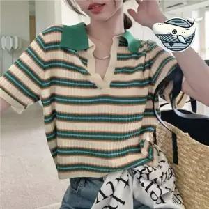 니트 크롭 티셔츠 썸머 스트라이프 브이넥 루즈핏 펀칭 탑