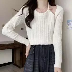 [하프클럽/]통풍 여성 홀터넥  반팔 데이트룩 니트티