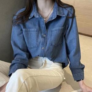 진청 청바지여성용 버튼 데일리룩 포치 폴로카라 남방 유니크