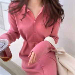 폴로카라 니트원피스 릴렉스핏허리끈 스냅 프리미엄 롱드레스업 H라인