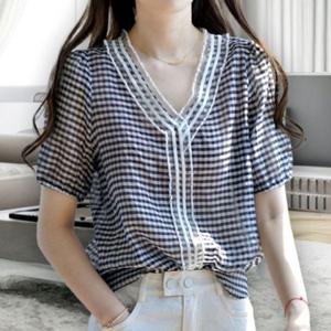 퍼프 브이넥 여성 기본 브라우스 데일리블라 출