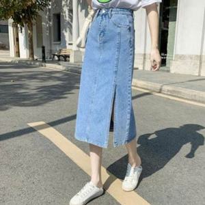 데일리 여성 데님 스커트 일자핏 롱 스커트 치마 절개