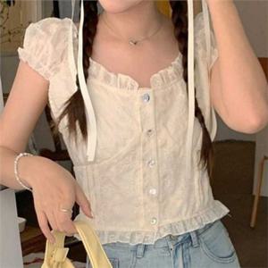 레이스 블라우스 U넥 퍼프 여성 블라우스 U넥 크롭 여름