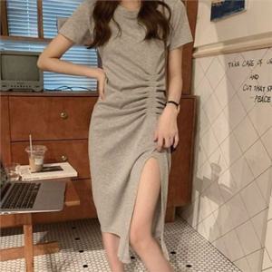 데일리 여성 반팔 원피스 캐주얼 반팔 원피스 앞트임 여름