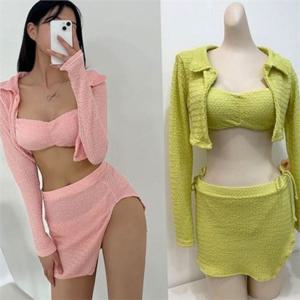 여성 비키니 무지 비키니 스커트 가디건 커버 무지 휴양지 수영복 여름 비치 웨어 휴가