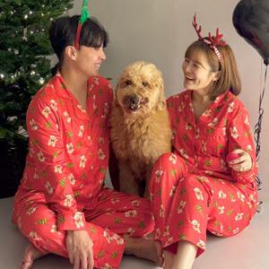 [3종set] 크리스마스 레드 베어 커플 파자마 잠옷세트 남녀공용 겨울 파티의상 (파자마+머리띠+루돌프코)