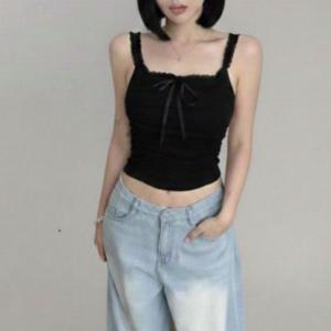 여성 이너 셔링 리본 레이스 끈나시 크롭 민소매 티셔츠